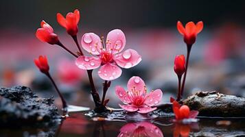 rosado flores en agua con agua gotas en ellos generativo ai foto