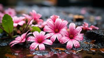 pink flowers with water droplets on the ground generative ai photo