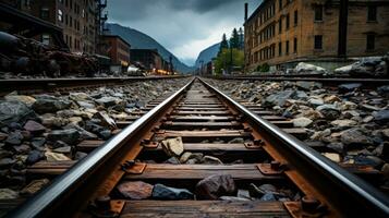 ferrocarril pistas en un ciudad con un oscuro cielo en el antecedentes generativo ai foto