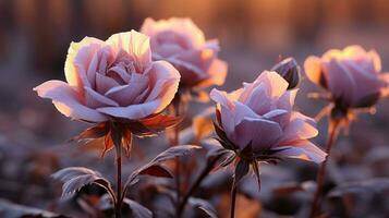 three pink roses are in the sun at sunset generative ai photo