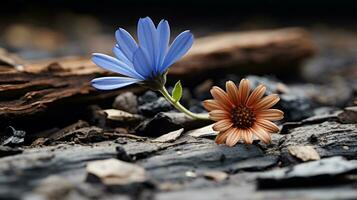 dos azul y naranja flores sentar en parte superior de un pedazo de madera generativo ai foto