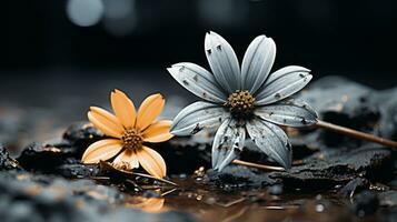 two flowers are sitting on the ground next to each other generative ai photo