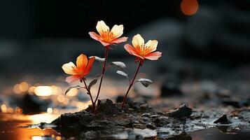 two orange flowers are growing out of the ground generative ai photo