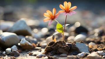 two orange flowers are growing out of the ground generative ai photo