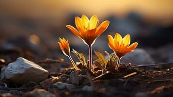two orange flowers are growing out of the ground generative ai photo