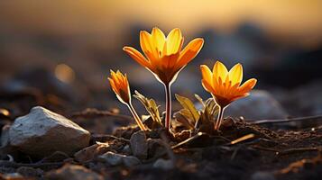 dos naranja flores son creciente fuera de el suelo generativo ai foto