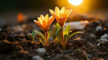 dos naranja flores creciente en el suciedad con el Dom en el antecedentes generativo ai foto