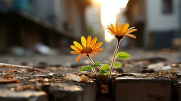 two orange flowers growing out of a brick wall generative ai photo