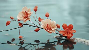 dos rojo flores son sentado en un rama en el agua generativo ai foto