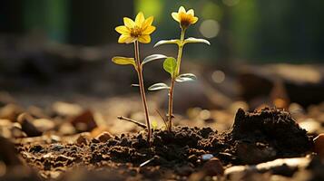 two small yellow flowers growing out of the ground photo