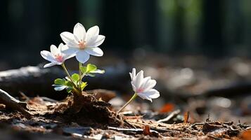 two white flowers growing out of the ground generative ai photo