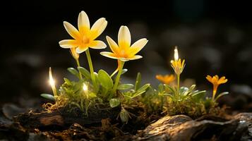 two yellow flowers are growing in the dark generative ai photo