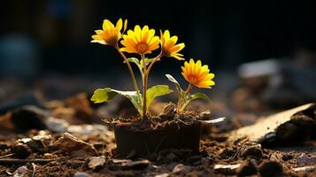 two yellow flowers growing in a pot on the ground generative ai photo