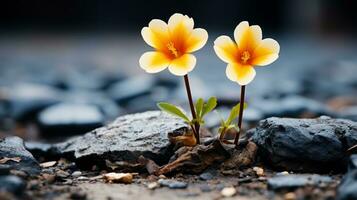 two yellow flowers growing out of the ground photo