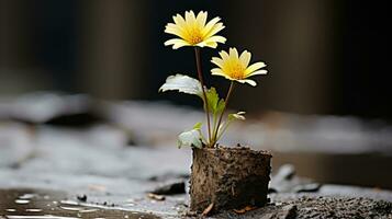 two yellow flowers growing out of a wooden stump generative ai photo