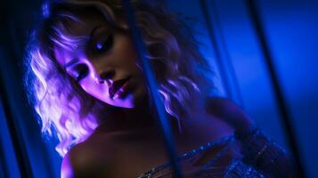 a beautiful blonde woman in a blue light generative ai photo