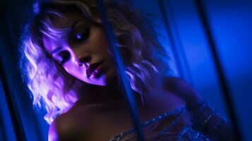 a beautiful blonde woman in a blue light generative ai photo