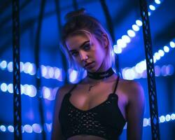 a beautiful young woman in a black top posing in front of blue lights generative ai photo