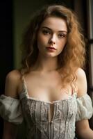 a beautiful young woman in a corset posing for the camera photo