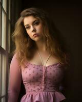 a beautiful young woman in a pink top standing by a window generative ai photo