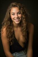 a beautiful young woman with curly hair posing for a photo