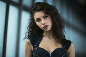 a beautiful young woman with dark hair and purple lips generative ai photo