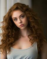 a beautiful young woman with long curly hair photo