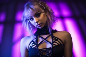 a woman in a black bra and corset in front of purple lights generative ai photo