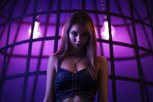 a woman in a black top standing in front of purple lights generative ai photo