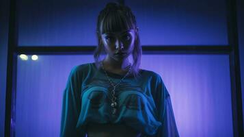 a woman in a blue shirt standing in front of a blue light generative ai photo