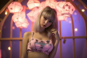 a woman in a pink bra top standing in front of pink lights generative ai photo