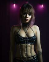 a woman in a leather top and chains posing in front of purple lights generative ai photo