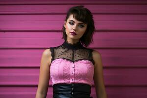 a woman in a pink top and leather skirt posing against a pink wall generative ai photo