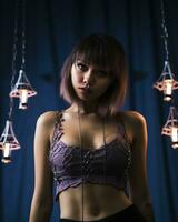 a woman in a purple bra top standing in front of some light bulbs generative ai photo