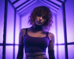 a woman in a purple outfit standing in a dark room generative ai photo