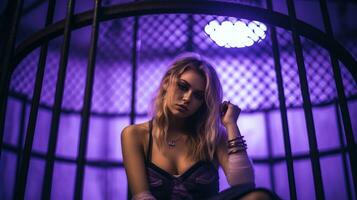 a woman sitting in a cage with purple lighting generative ai photo