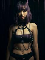 a woman with purple hair wearing a purple bra top generative ai photo