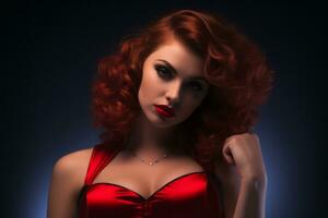 beautiful red haired woman in a red dress generative ai photo