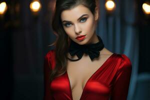 beautiful woman in red dress and black bow tie generative ai photo