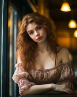 beautiful red haired woman sitting at a table in front of a window generative ai photo