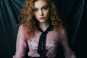 portrait of beautiful redhead girl with long curly hair on black background generative ai photo