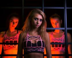 three young women in pink sports bras standing in front of a red light generative ai photo