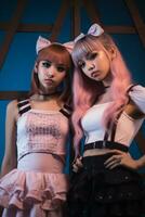 two asian girls wearing pink hair and pink outfits generative ai photo