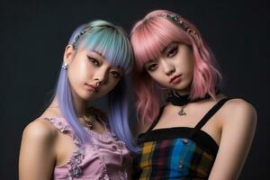 two asian women with pink and blue hair generative ai photo