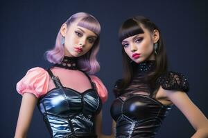two women in leather outfits posing for the camera generative ai photo