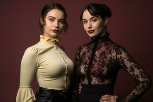 two women in black and white clothing posing for the camera generative ai photo