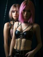 two women with pink hair and chains on a dark background generative ai photo