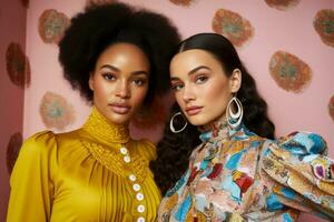 two women wearing earrings in front of a pink wall generative ai photo