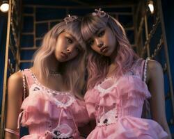 two women in pink dresses standing next to each other generative ai photo