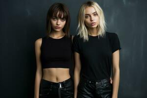 two young women in black clothes standing next to each other generative ai photo